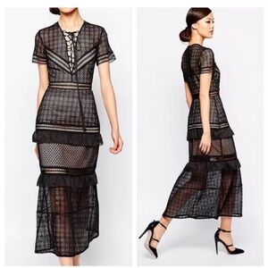 NWT SELF-PORTRAIT Lace-Up Peplum Midi Dress - Black -  UK 6/US 2, New